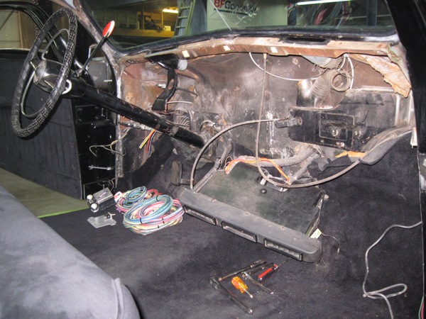 Stripped interior during the rewire and dash work