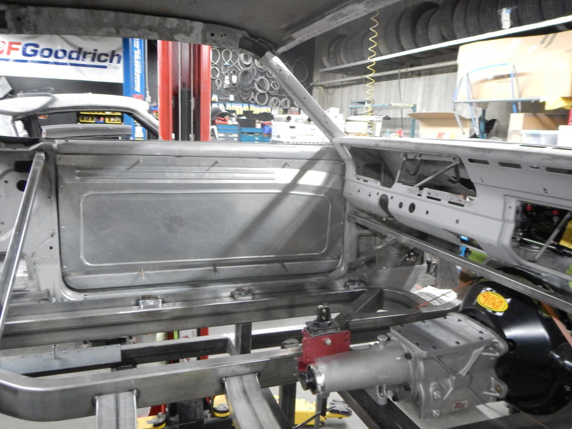Bare interior during chassis restoration