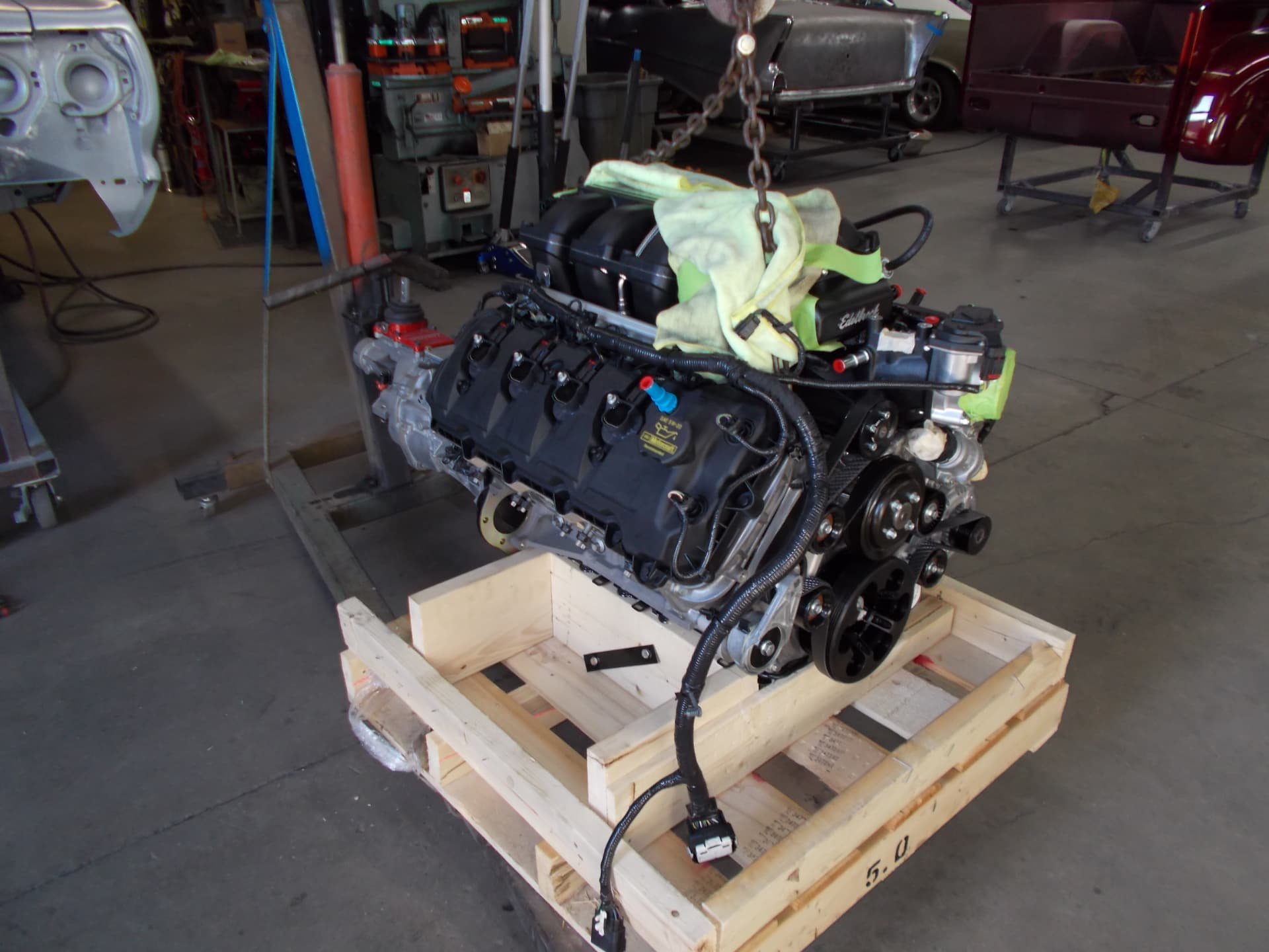 Coyote crate engine with E-Force blower on the stand