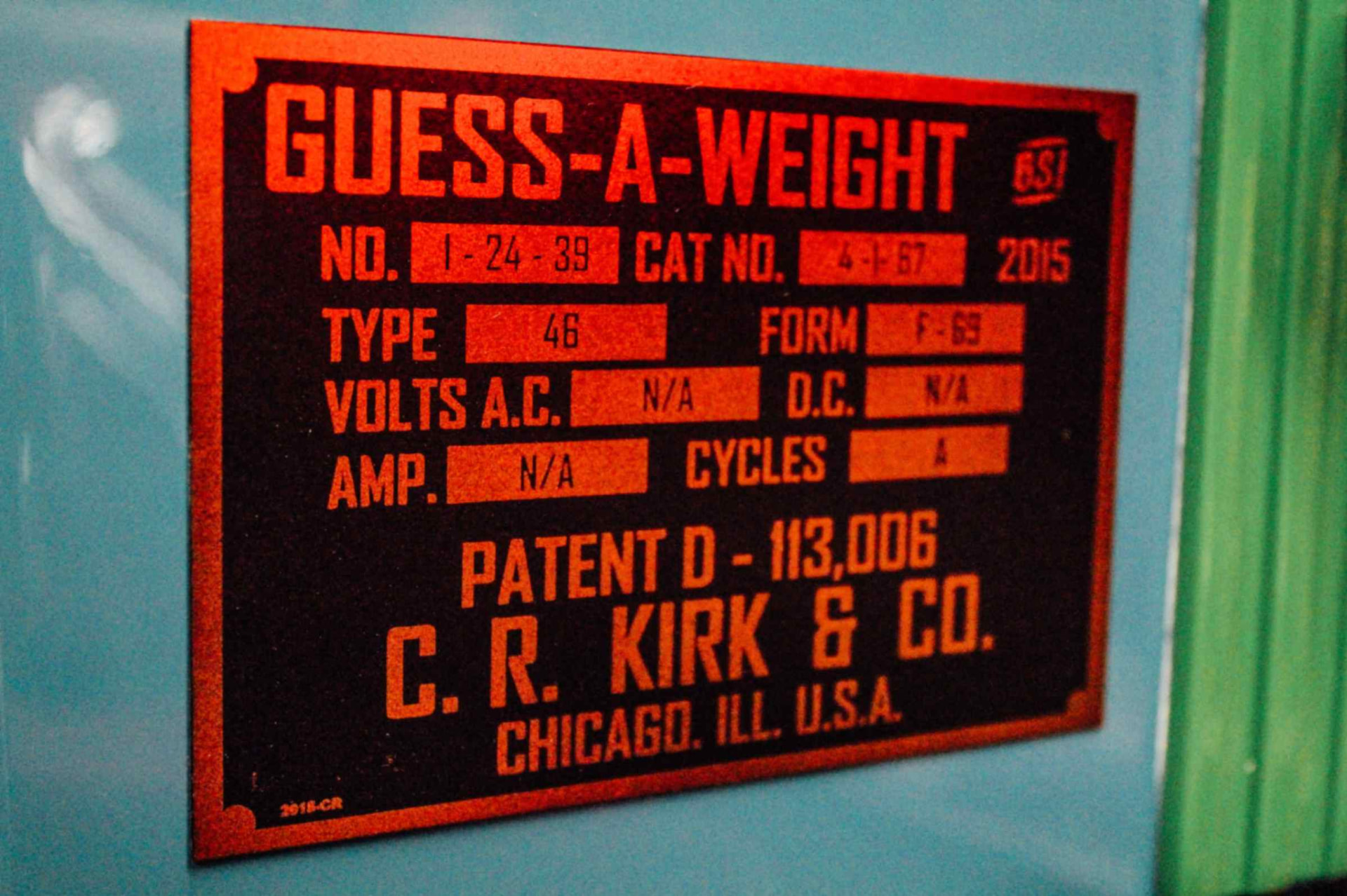 Guess-A-Weight spec plate, C.R. Kirk & Co., Chicago, patent D-113,006