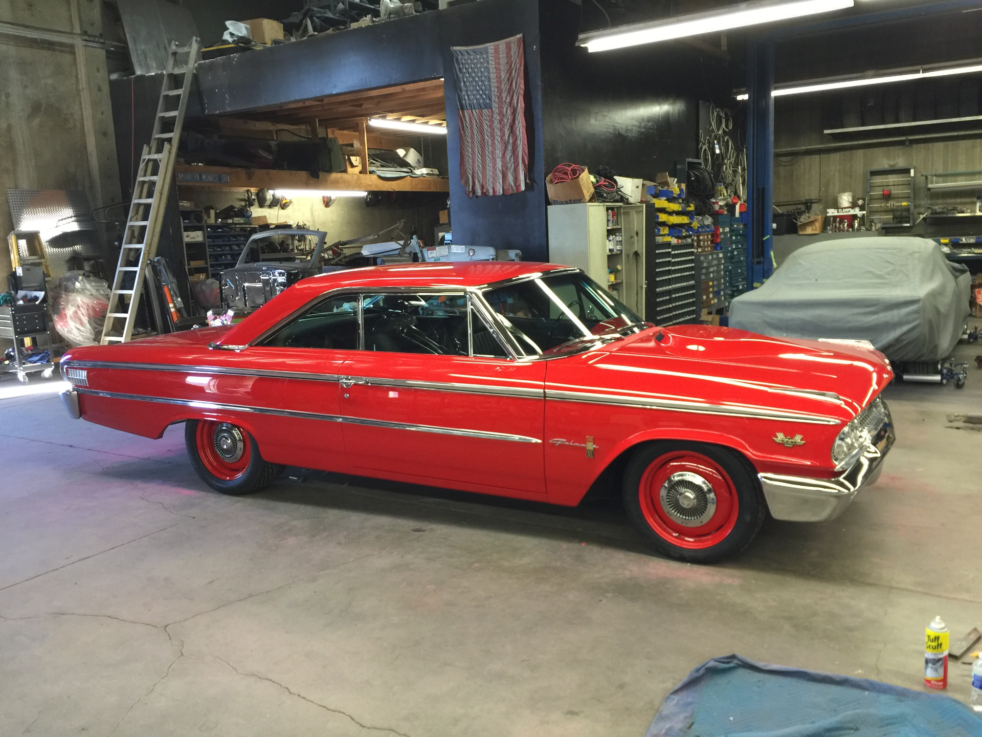 Finished — red on red steelies at the shop