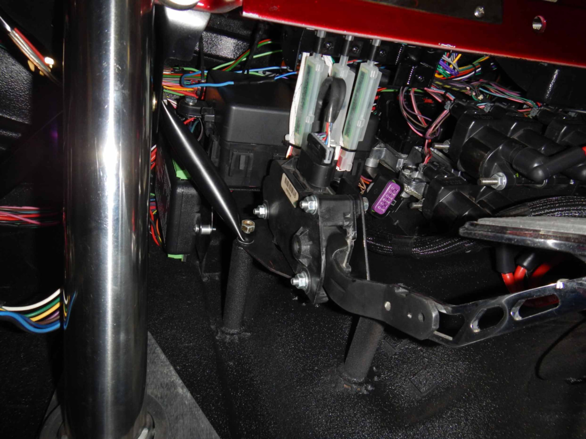 Fuse box, harness and pedal assembly behind the dash