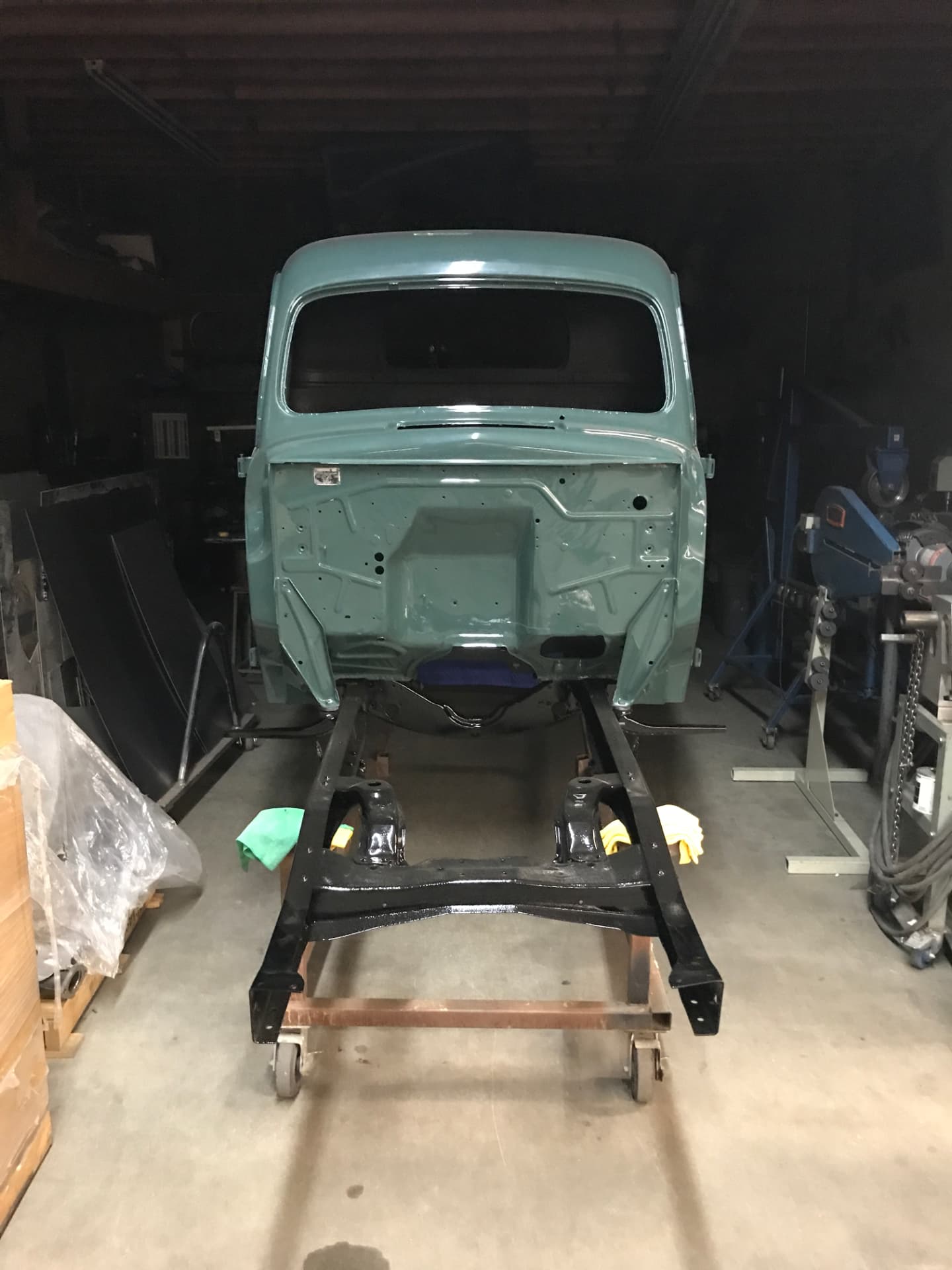 Painted cab and chassis during assembly