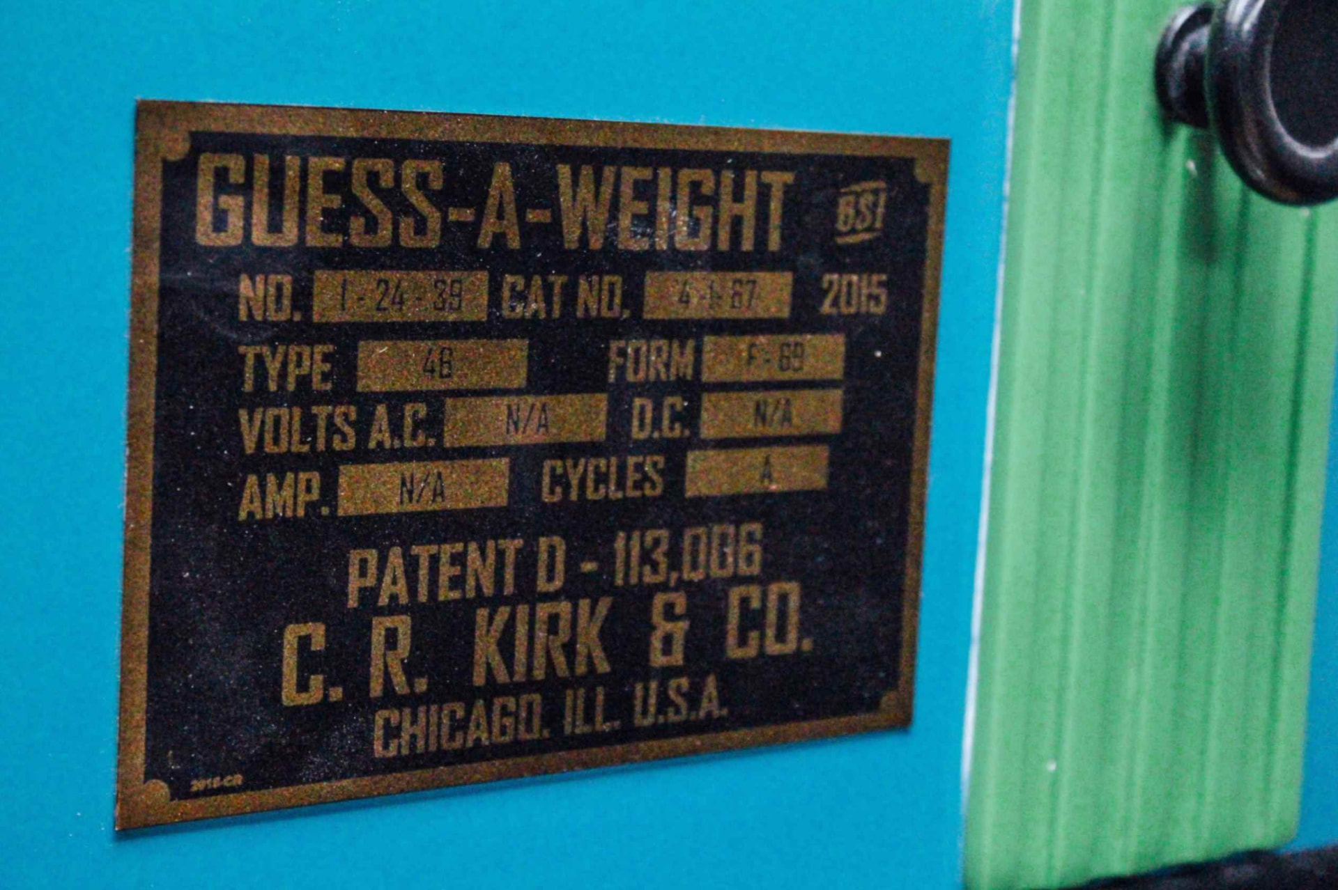 Guess-A-Weight maker plate, C.R. Kirk & Co., Chicago