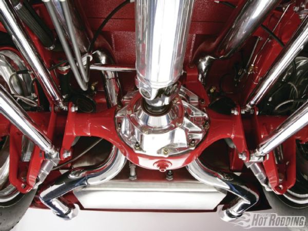 Polished four-link rear and driveline under the BSI frame