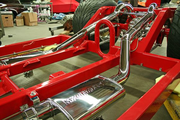 Magnaflow 3" polished exhaust routed in the chassis