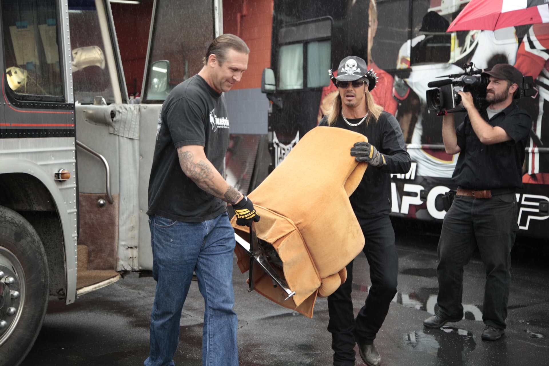 Hauling out an RV seat between takes