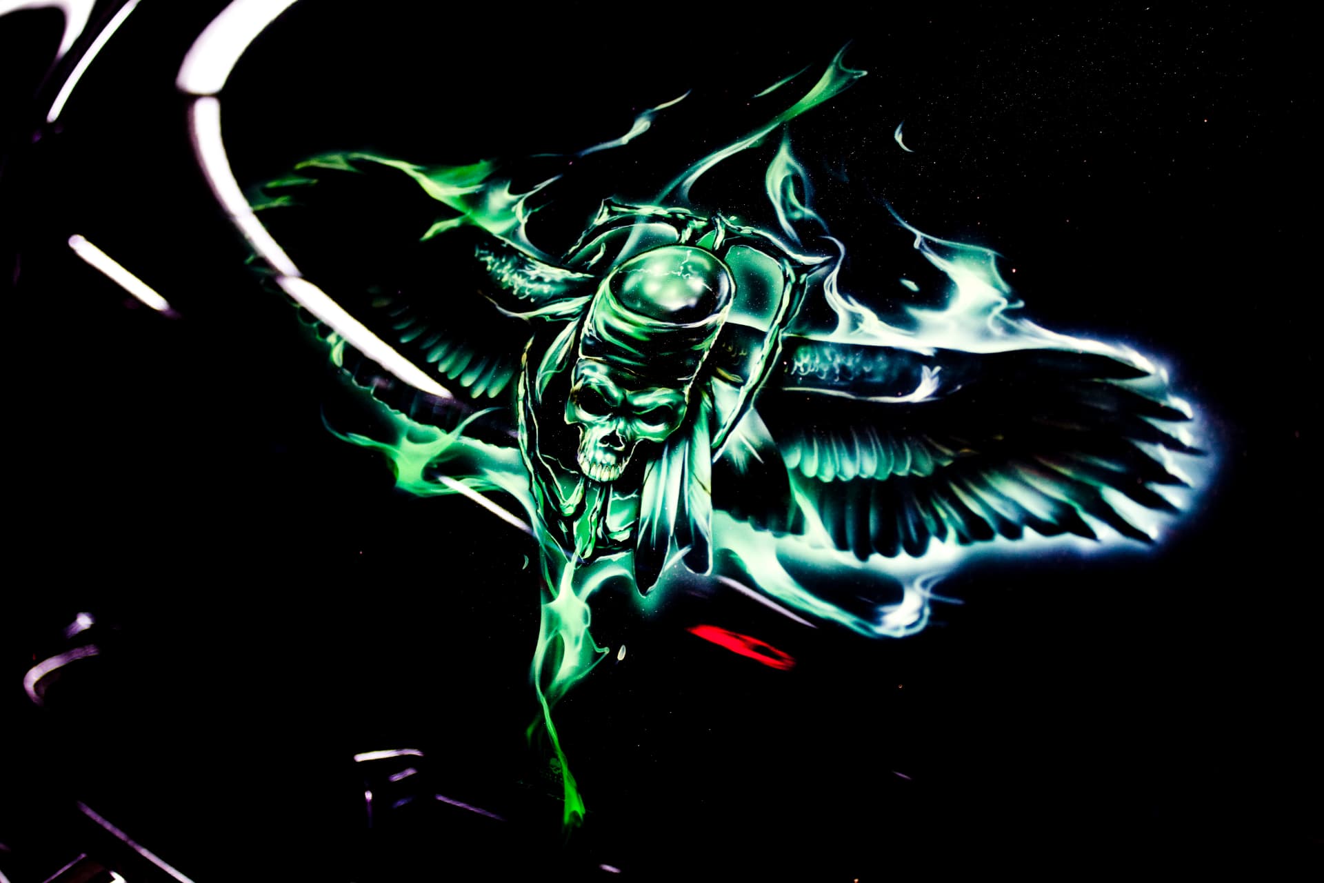 Detail of the winged skull artwork