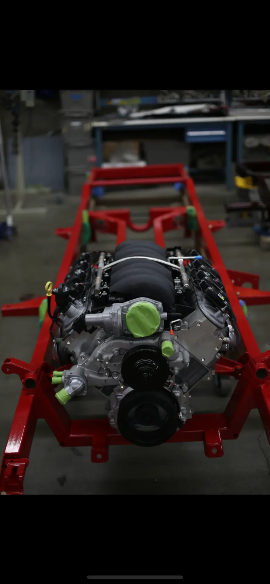 LS engine mocked into the painted chassis
