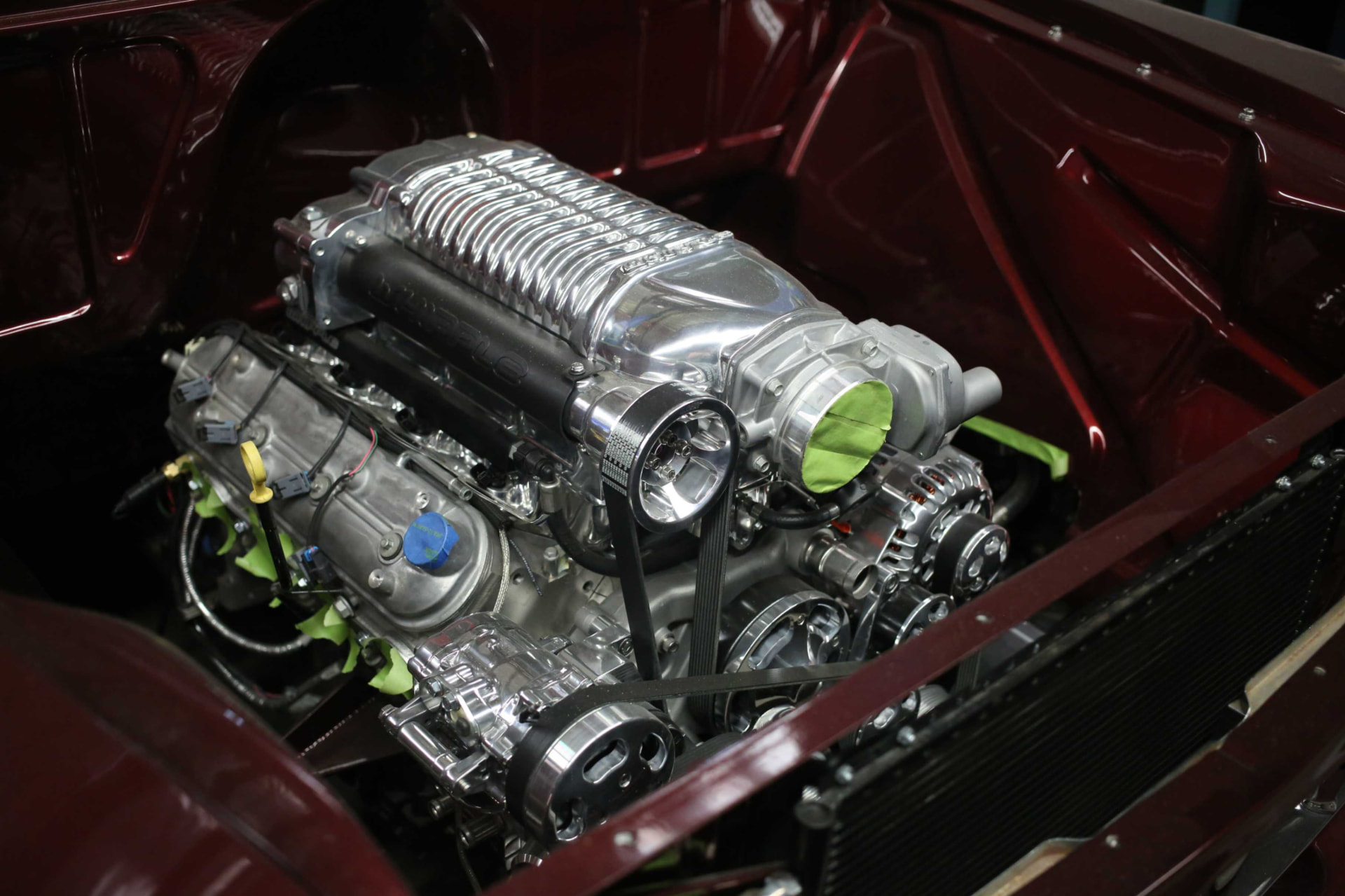 Whipple-supercharged engine during assembly