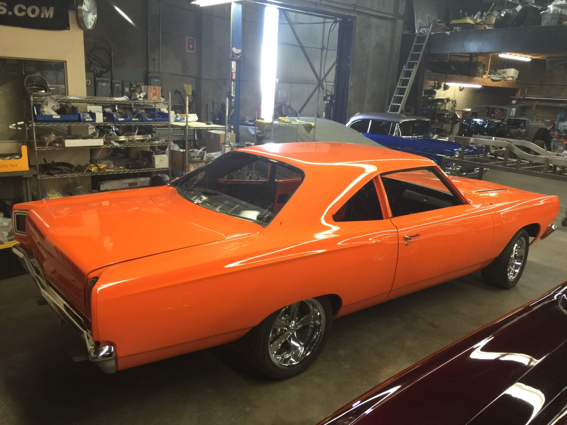 Finished orange 1969 Plymouth Road Runner in the Bodie Stroud shop