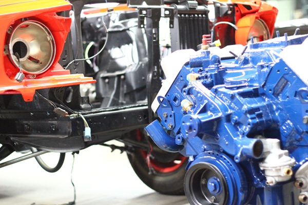 Ford blue Boss 429 block staged for installation