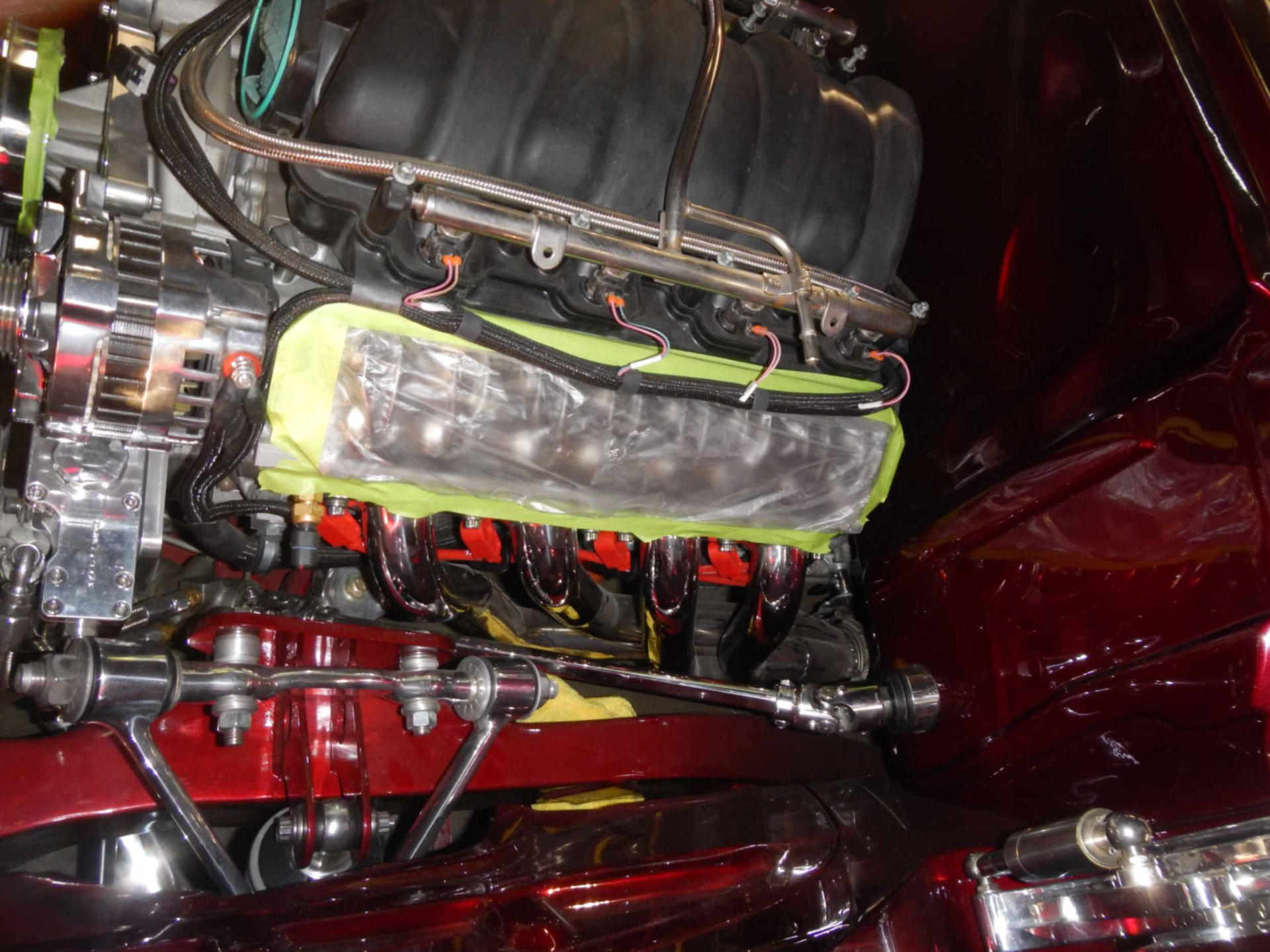 Engine bay detail during final engine assembly