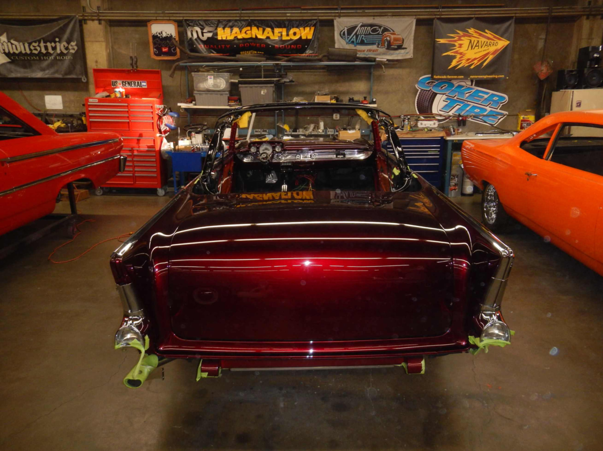 Rear view with the top frame in place and brightwork masked for final fitting