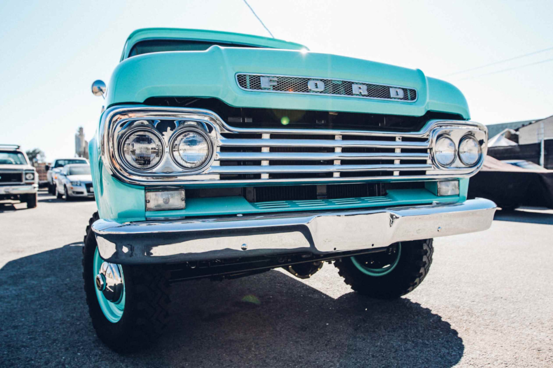 Straight-on front view with the quad headlamps and FORD grille