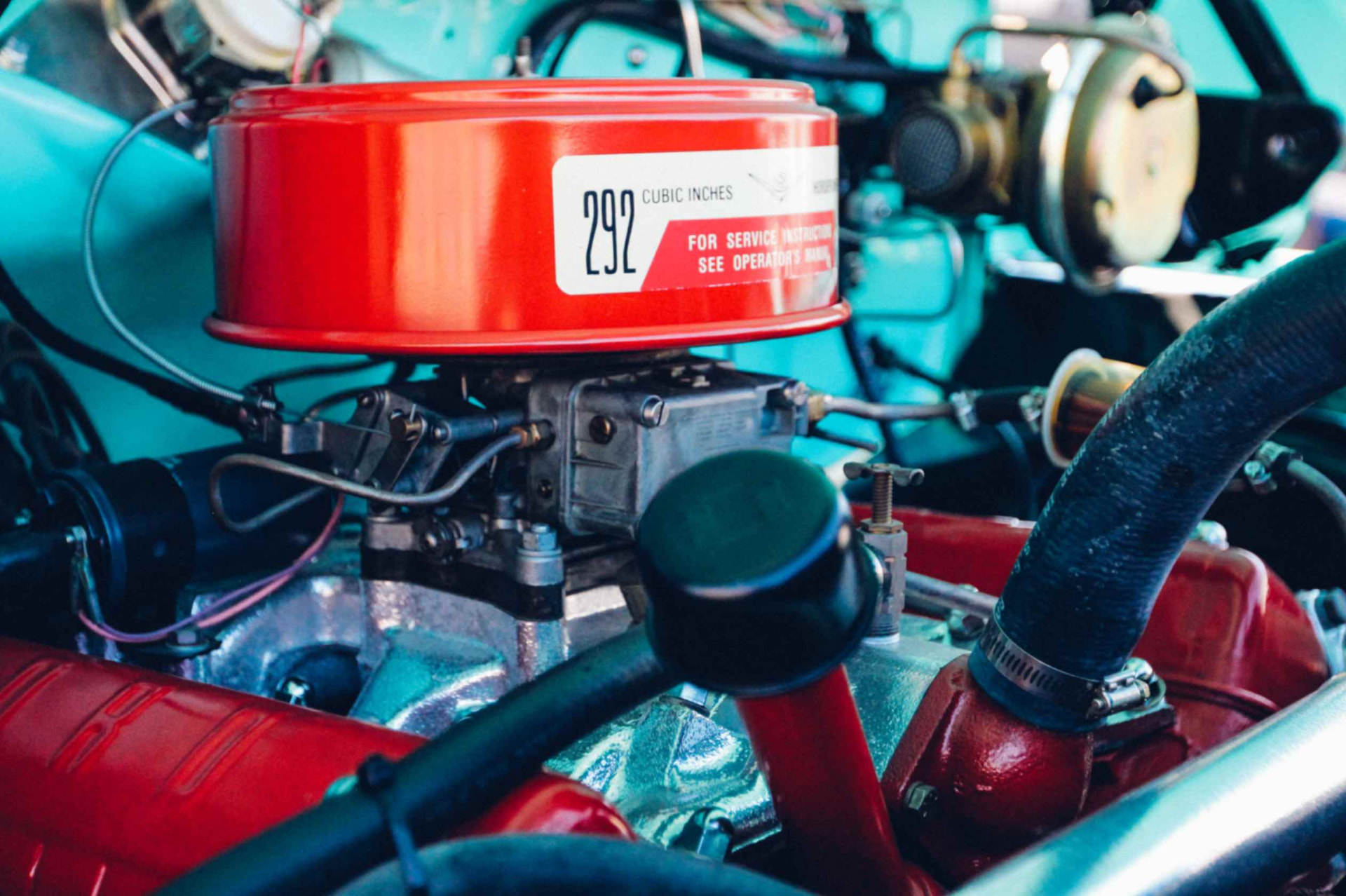 292 V8 engine detail with the red air cleaner and turquoise block