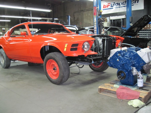 Fresh paint on the lift, Boss 429 block ready to drop in