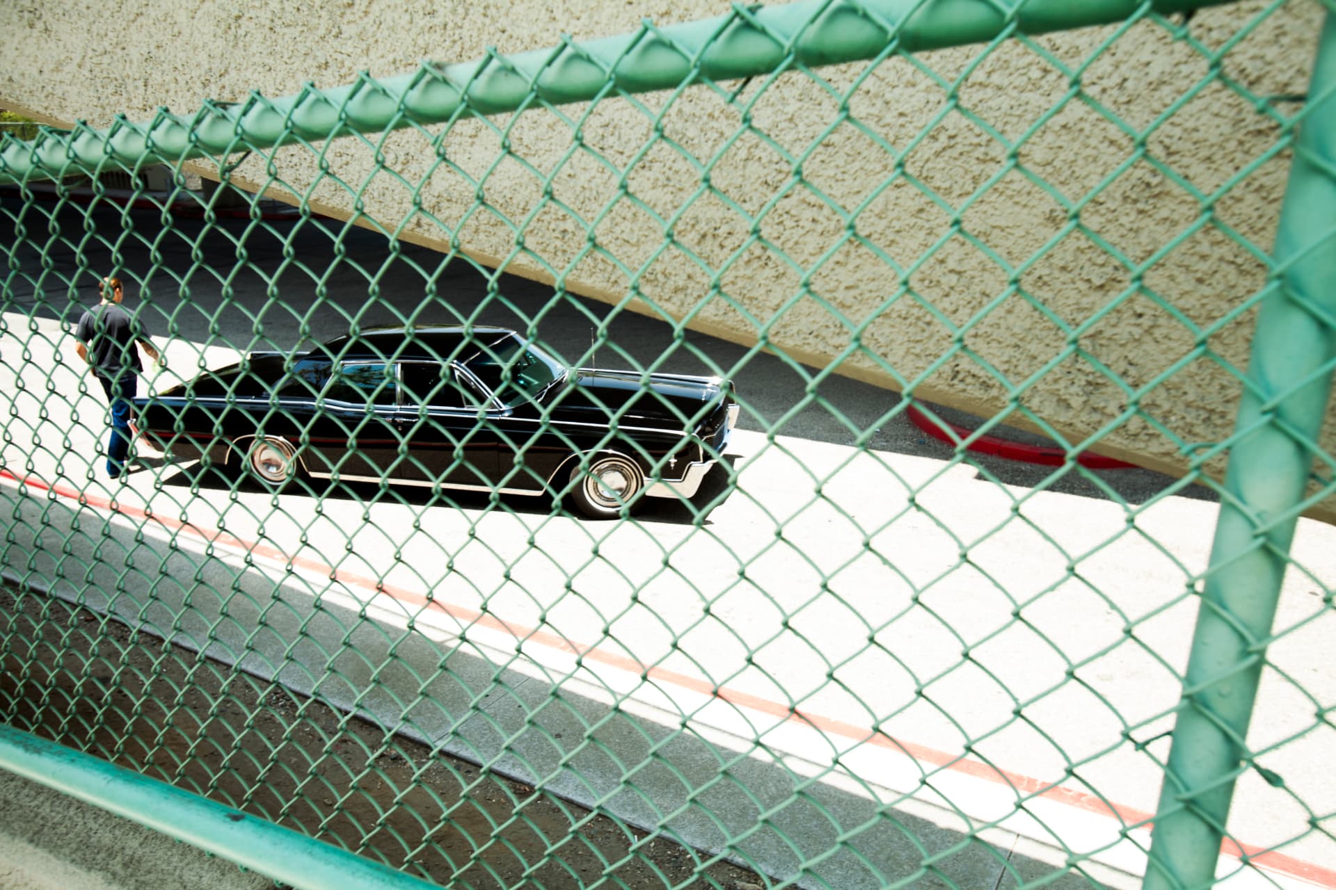 Framed through the chain link — stance on full display