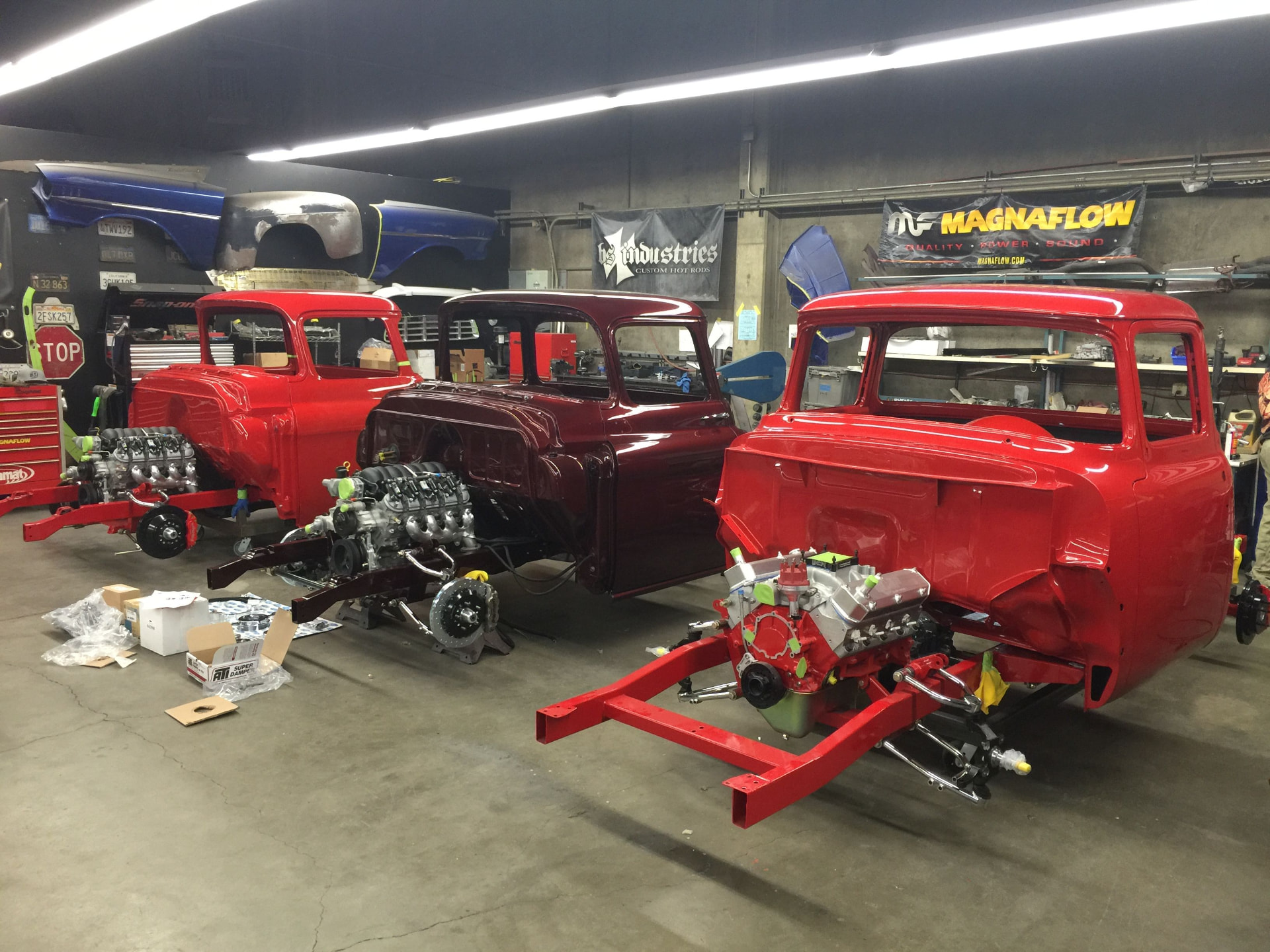 Truck bodies in the shop during the build